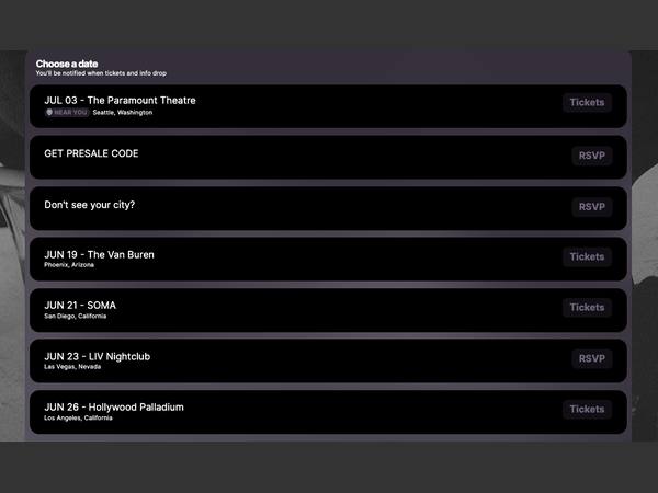 PARTYNEXTDOOR’s tour drop page, presale codes by city