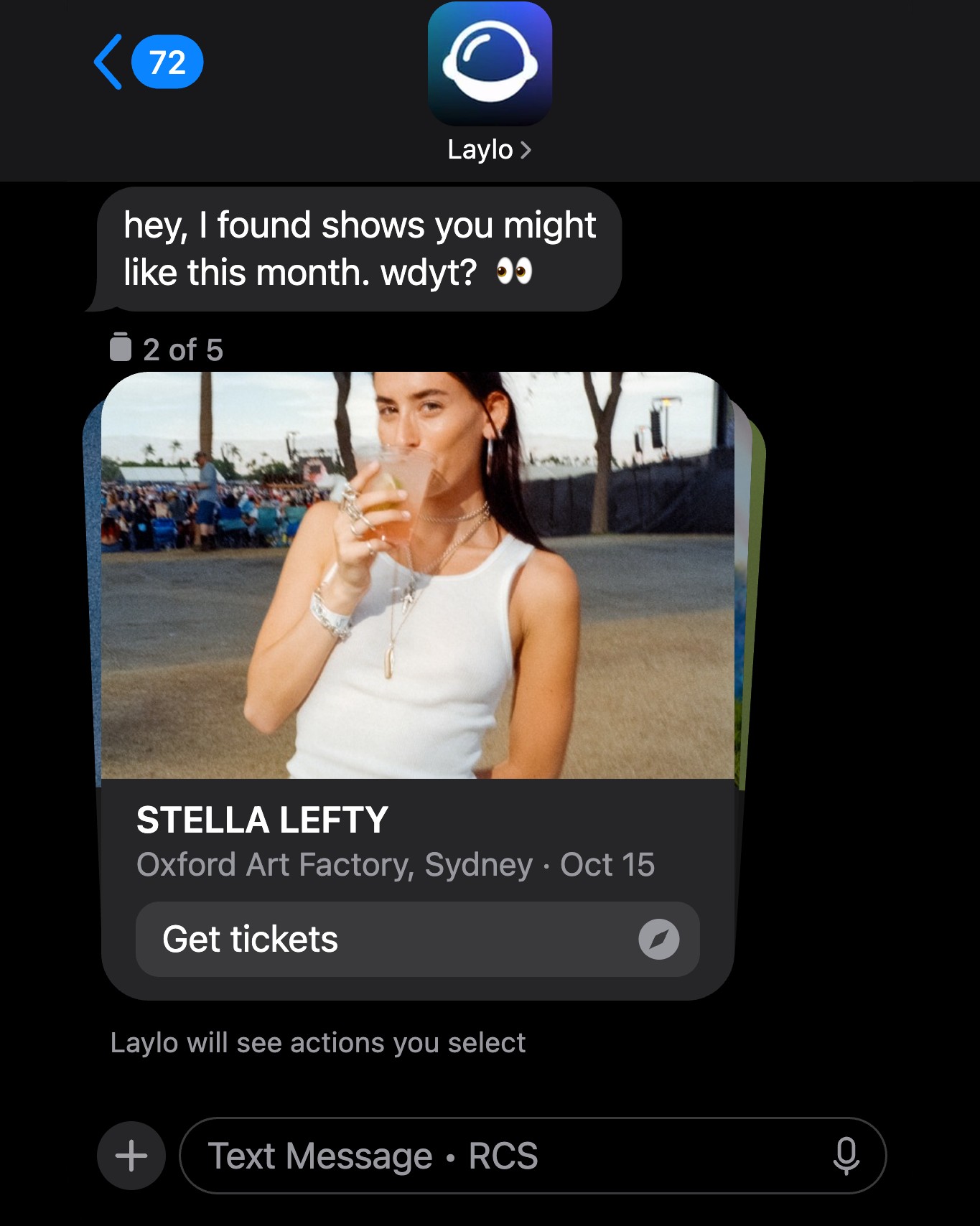 A Discovery Agent text on a fan's phone showing Stella Lefty at Oxford Art Factory, Sydney, Oct 15