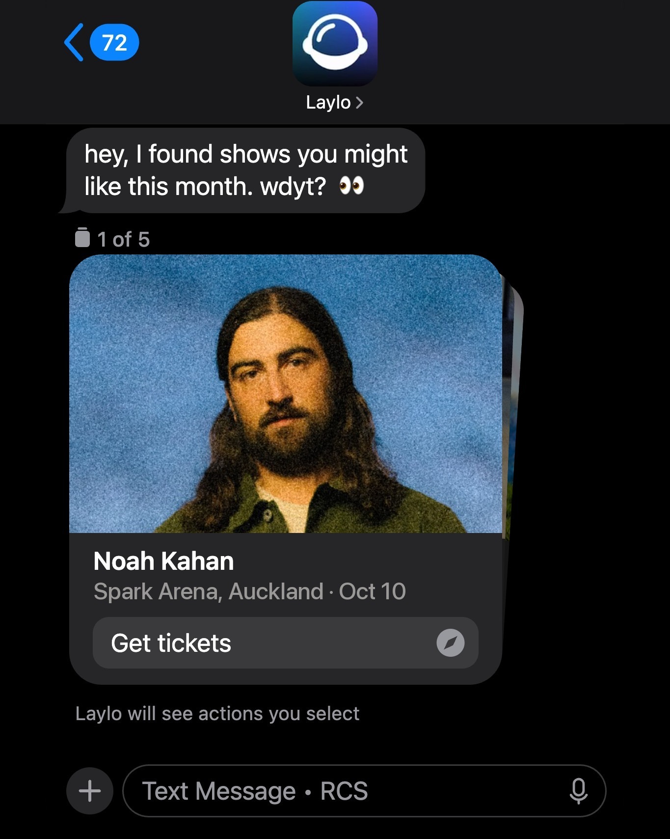 A Discovery Agent text on a fan's phone showing Noah Kahan at Spark Arena, Auckland, Oct 10